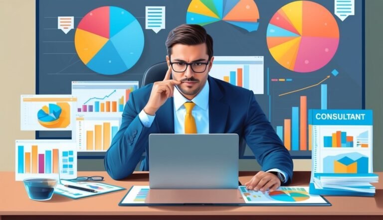 Consultant working on laptop, surrounded by charts and graphs, analyzing data