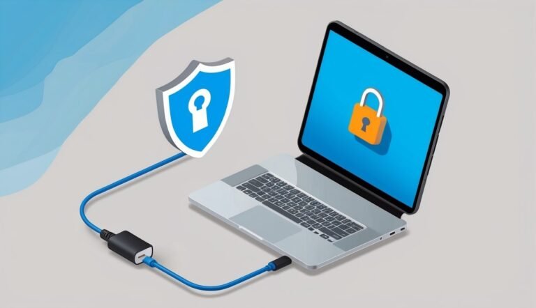 Laptop with lock icon, connected to a shield icon via a cable