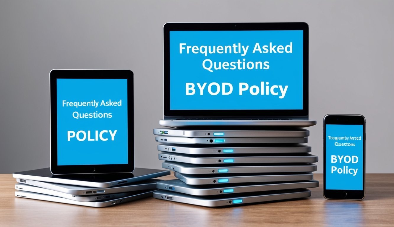 A stack of electronic devices with a "Frequently Asked Questions BYOD Policy" displayed on the screens