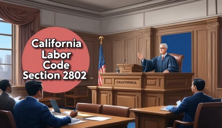 Courtroom scene with judge, lawyers, and text overlay "California Labor Code Section 2802"