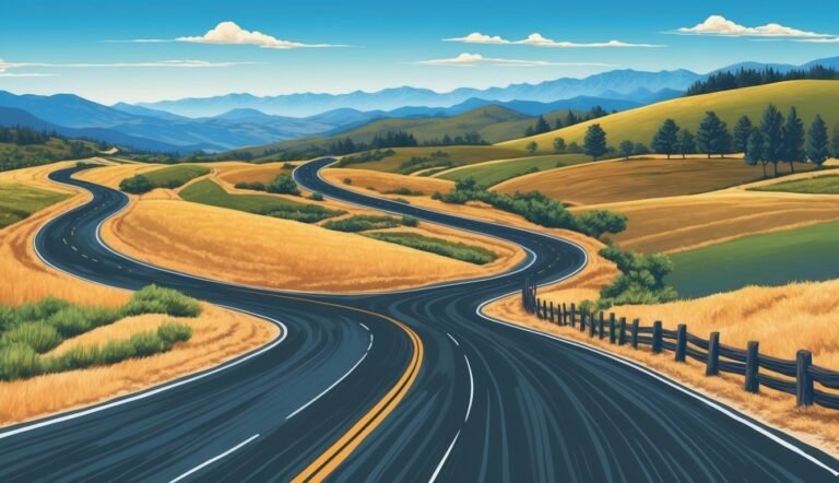 Winding road through rolling hills, mountains in the distance, blue sky