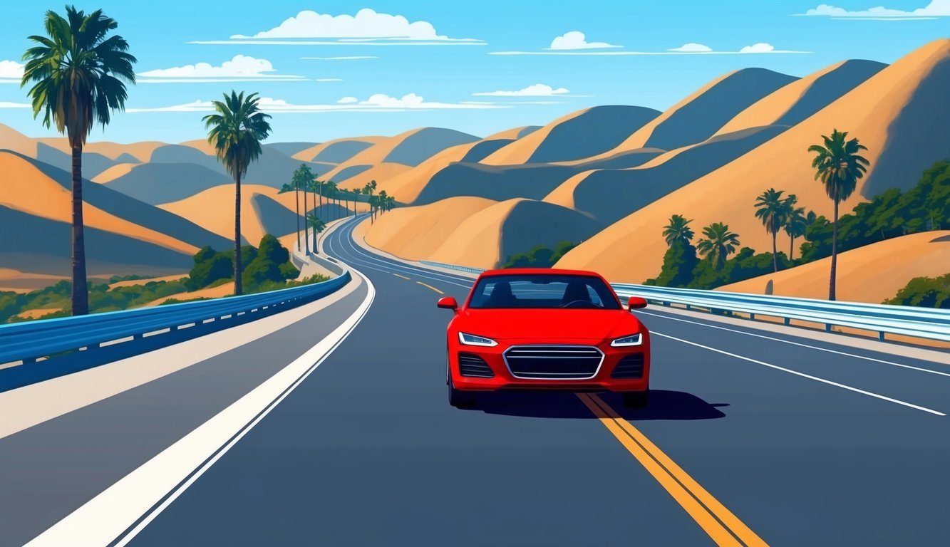 A car driving on a California highway with rolling hills and palm trees in the background