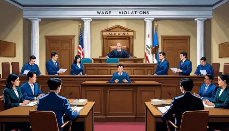 Courtroom scene with judge, lawyers, and "Wage Violations" sign