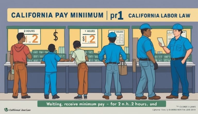 Illustration of workers waiting to receive minimum pay in California