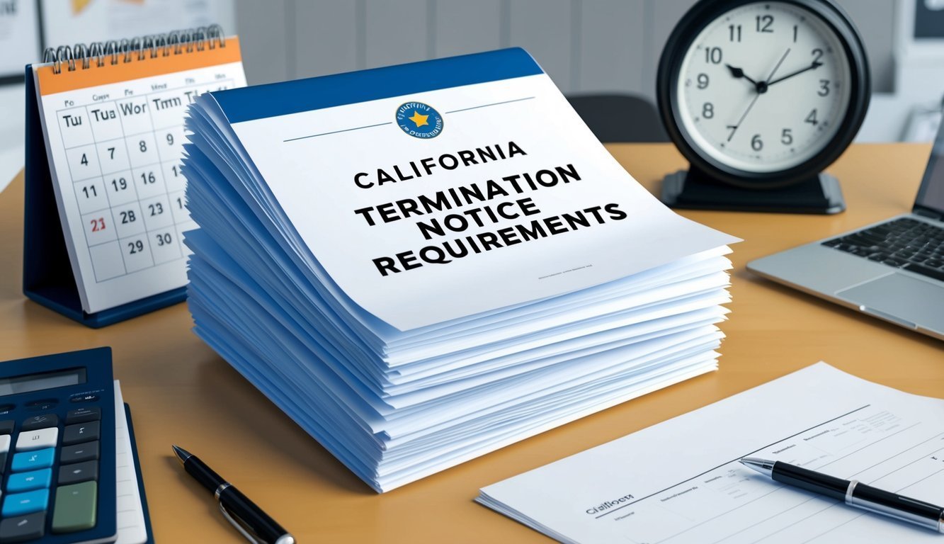 Stack of California Termination Notice Requirements on a desk