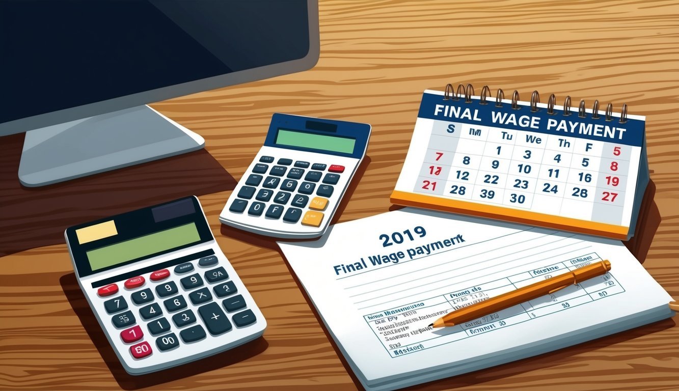 A desk with a computer, calculator, and pay stub.</p><p>A calendar shows the date of the final wage payment