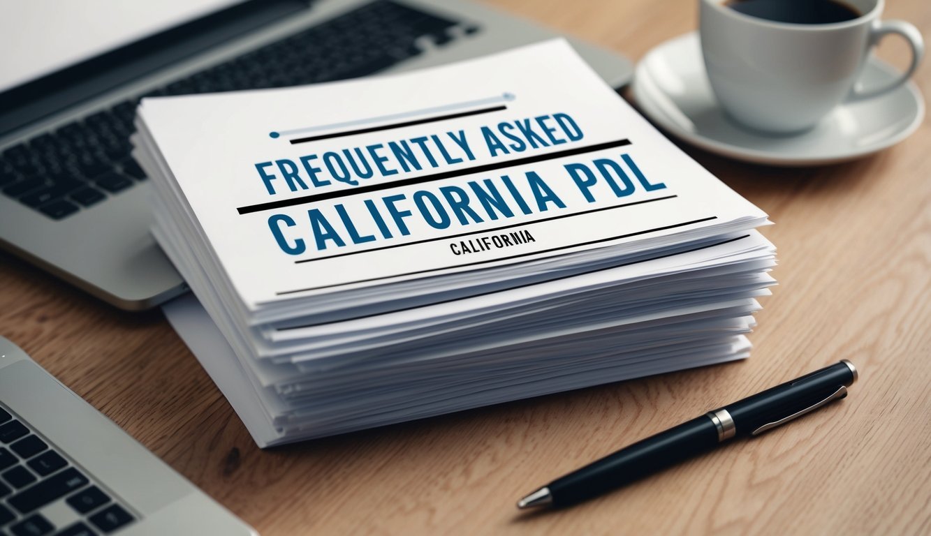 A stack of papers with "Frequently Asked Questions California PDL" printed on top, surrounded by a laptop, pen, and a cup of coffee