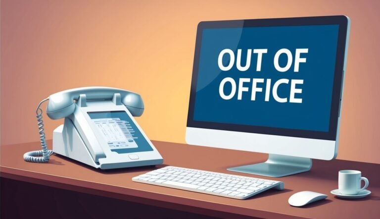 Desk with "Out of Office" on computer, phone, keyboard, and coffee cup