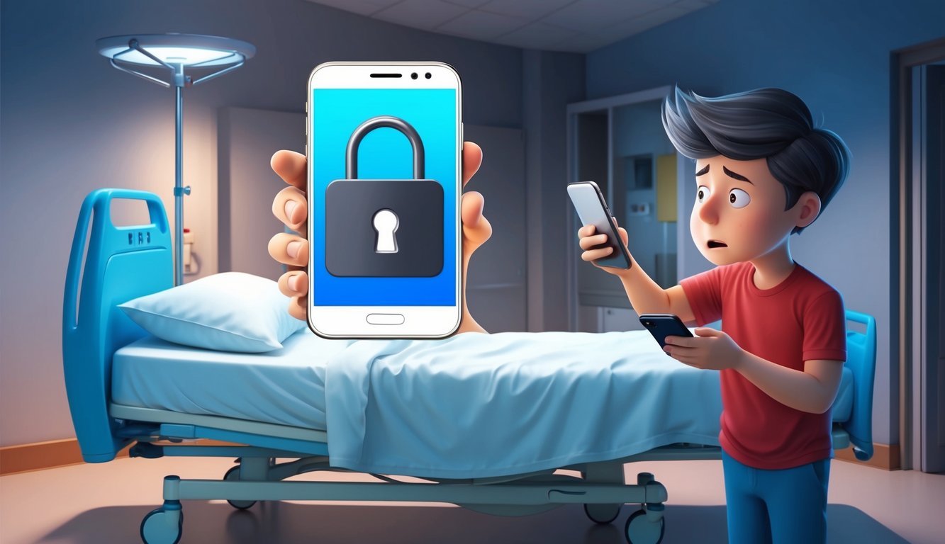 A smartphone with a padlock icon, a hospital bed, and a person looking at their phone with a worried expression