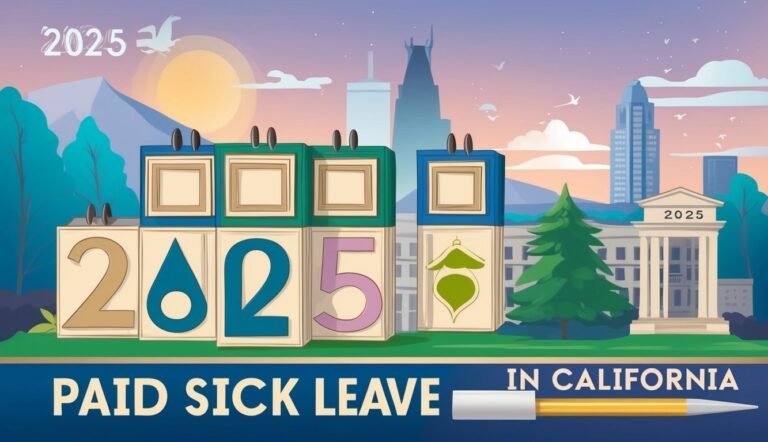 Illustration of "2025 Paid Sick Leave in California" with city skyline and calendar blocks