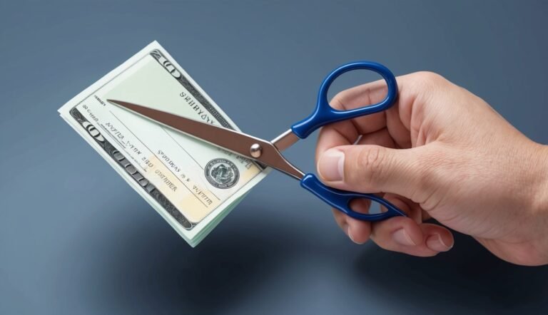 Hand holding scissors cutting a stack of US dollar bills