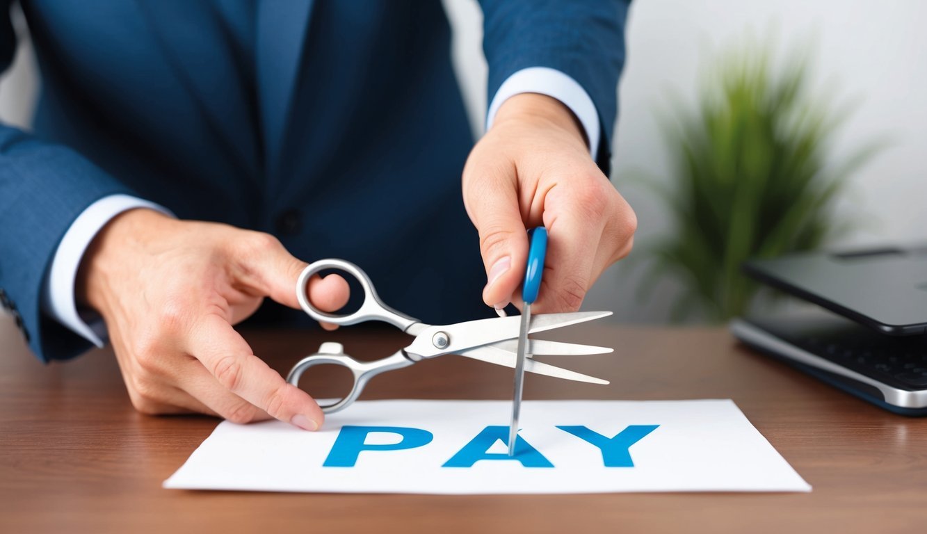 An employer's hand lowers a pair of scissors toward a paper with the word "pay" on it