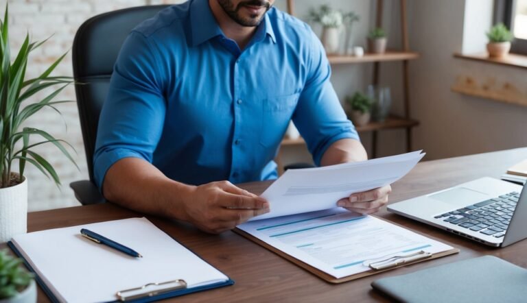 Man in blue shirt reviewing documents at a desk with a laptop