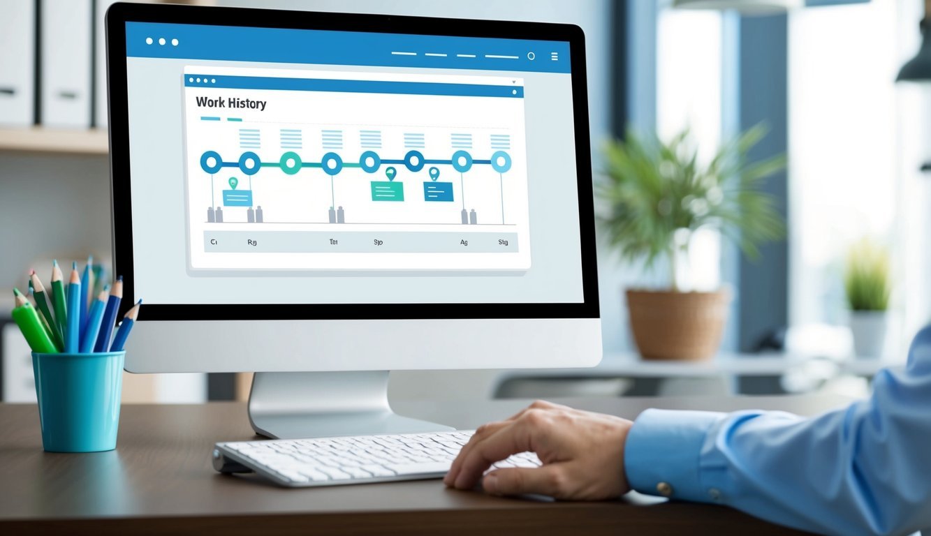A desk with a computer screen displaying a work history timeline, while a person's hand hovers over a keyboard, ready to address discrepancies