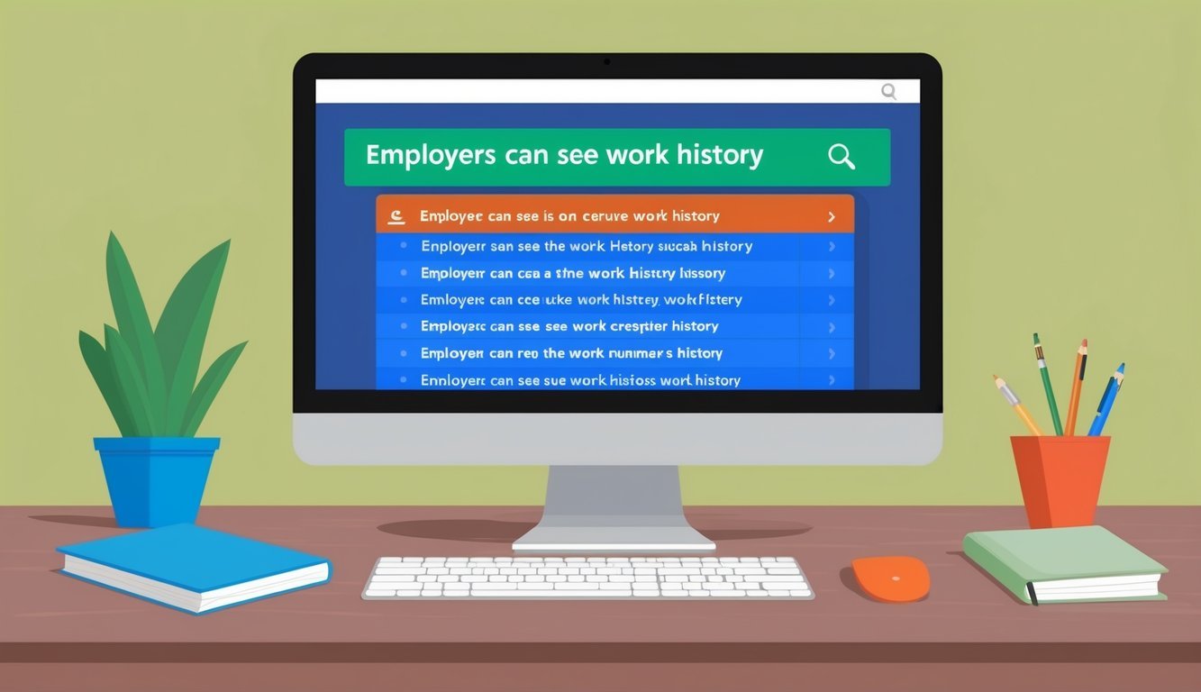 A computer screen with a search bar displaying "Employers can see work history" and a list of frequently asked questions below