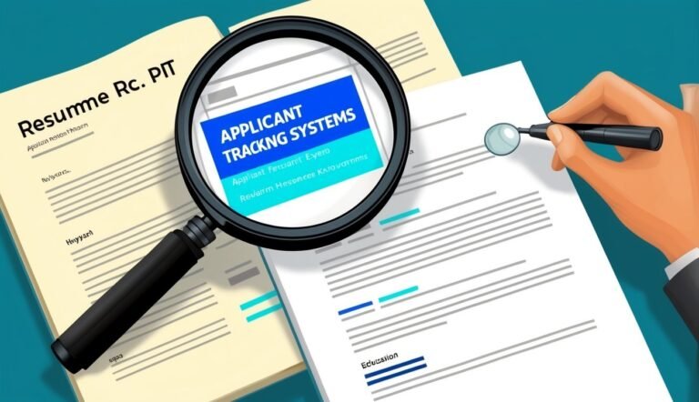 Magnifying glass over resume with "Applicant Tracking Systems" label