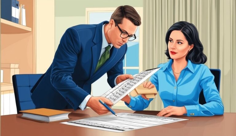 A man and woman reviewing paperwork at a desk in an office