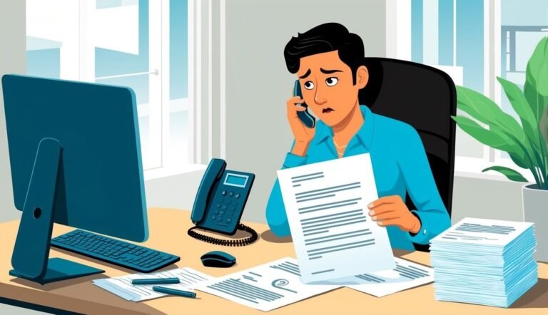 Worried office worker on phone, reviewing documents at desk with computer