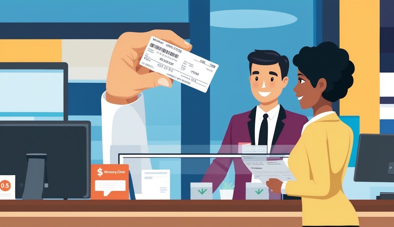 Bank teller and customer at a bank counter, holding a ticket