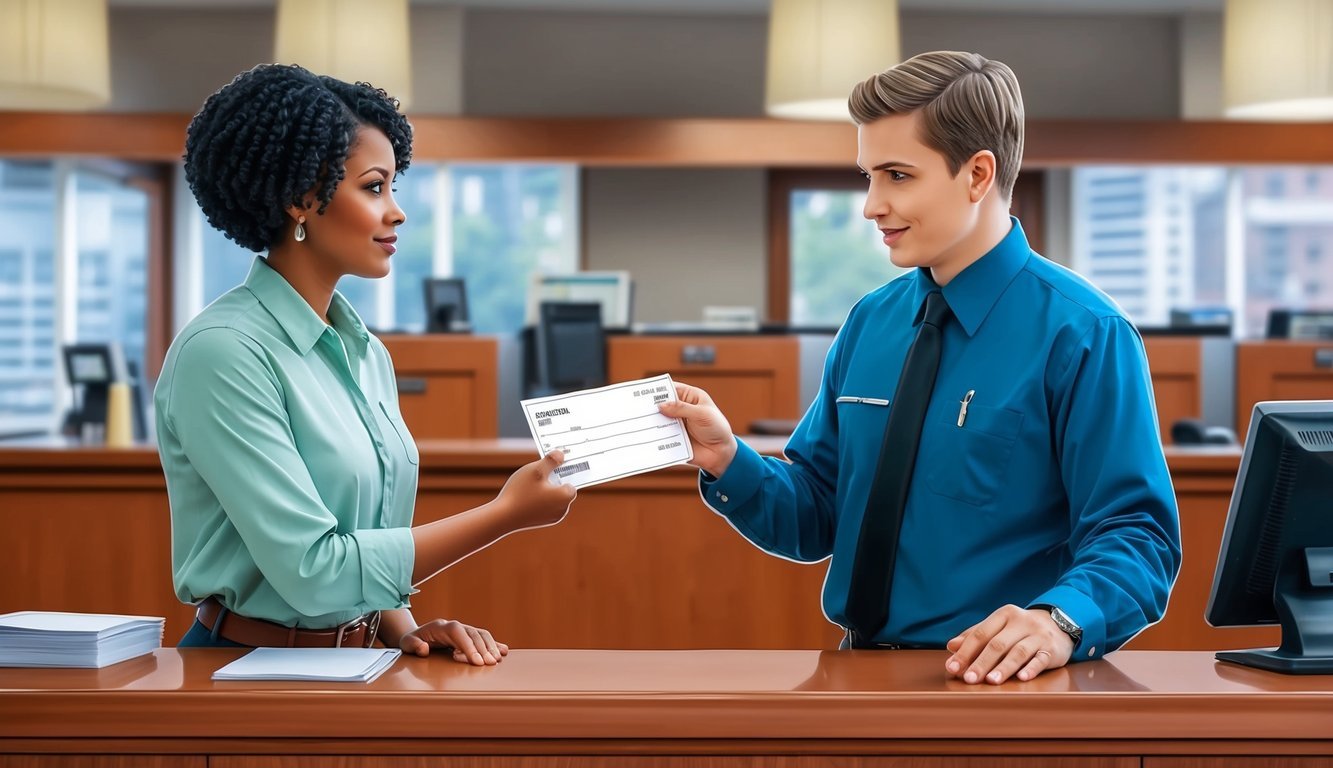 A person standing at a bank counter, handing a money order to a teller and asking for assistance in canceling it