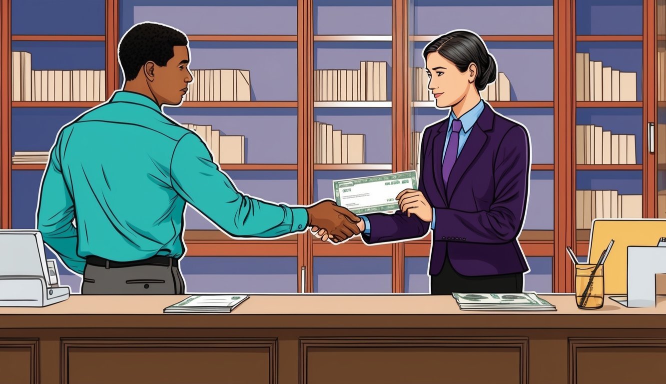 A person standing at a counter, handing a money order to a clerk and asking about cancellation