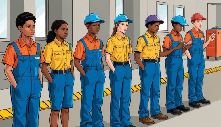 Seven young people in work uniforms standing in a line