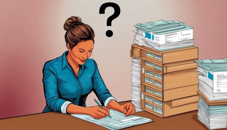 Woman writing on a form, surrounded by stacks of paperwork, with a question mark
