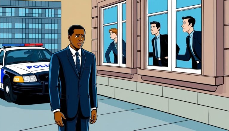 A man in a suit looks at a police car and building windows