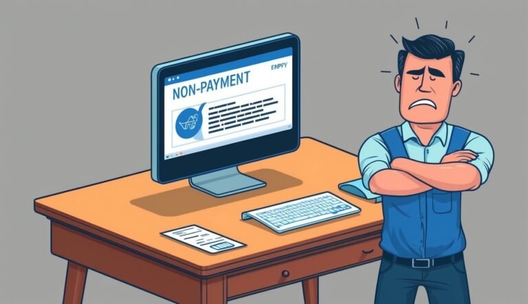 Man stressed about non-payment notice on computer screen, arms crossed