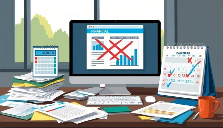 Desk with financial documents, computer, calendar, and calculator
