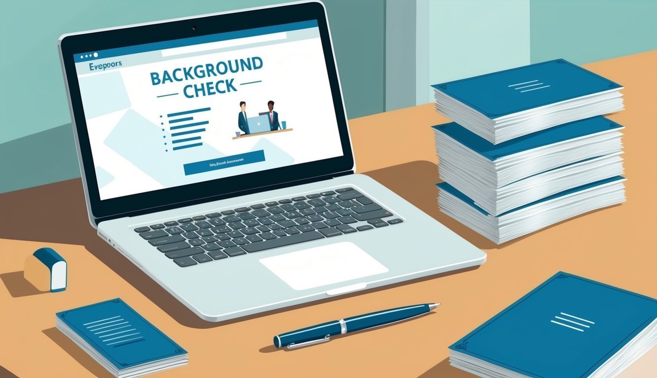 Laptop displaying background check form, with stacks of books and a pen