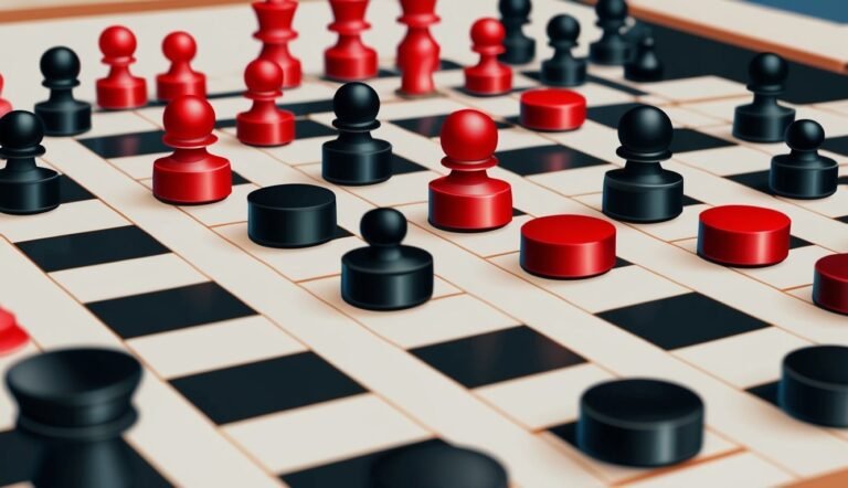 Chessboard with red and black pieces, including pawns and checkers