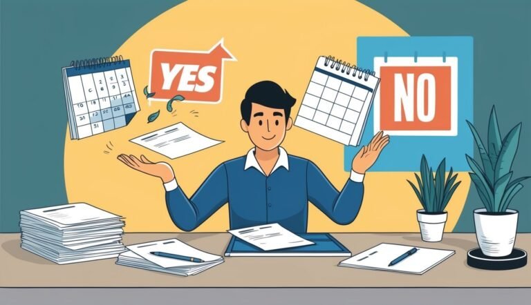 Man at desk with "Yes" and "No" signs, calendars, and papers