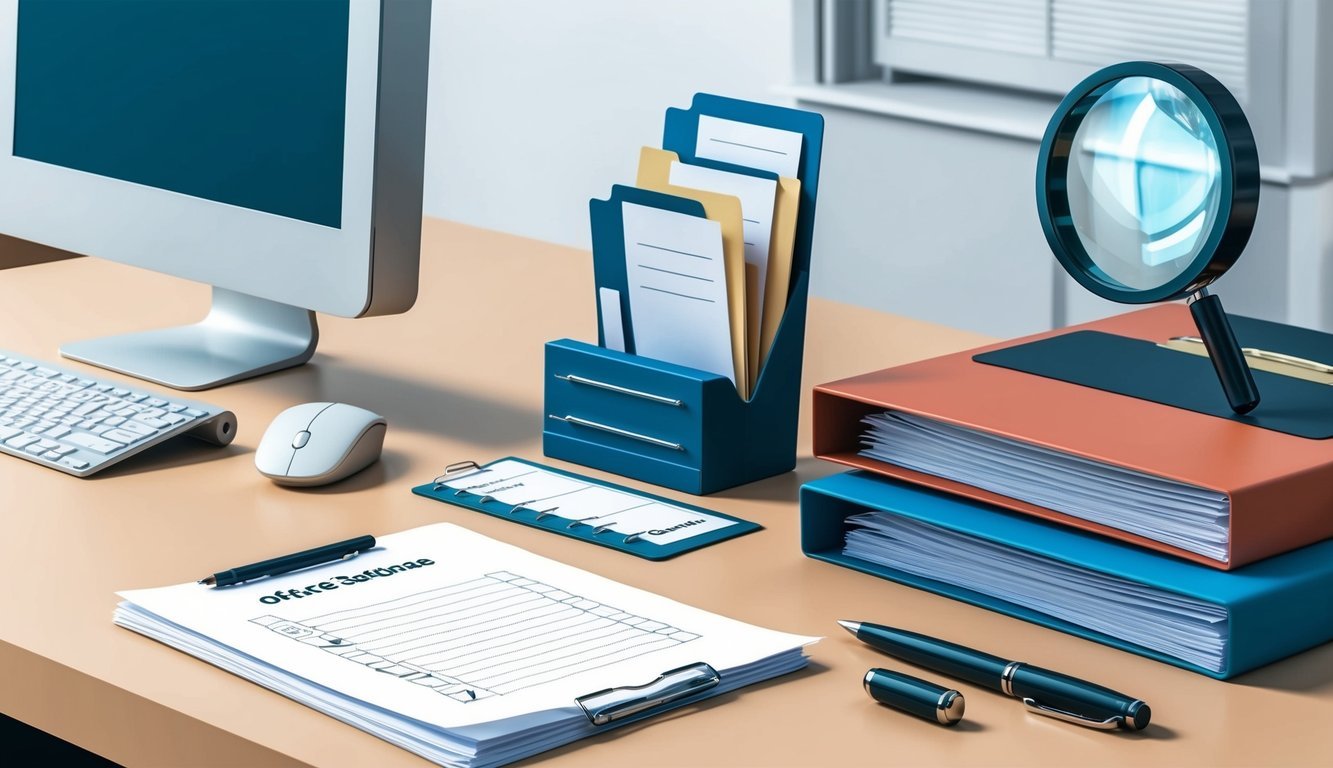 An office desk with a computer, file folders, and a magnifying glass.</p><p>A checklist and pen sit next to a stack of papers