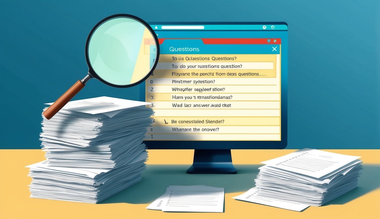 A stack of papers and a computer screen with a list of questions and answers, a magnifying glass hovering over the screen