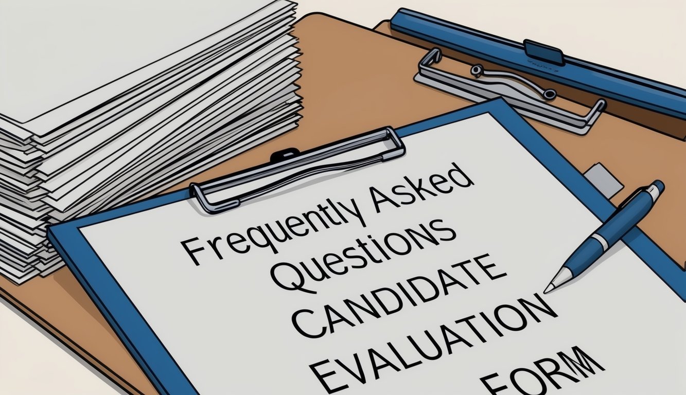 A stack of paper forms with a "Frequently Asked Questions Candidate Evaluation Form" heading, surrounded by a pen and a clipboard