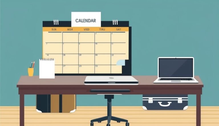 Desk with calendar, laptop, and office supplies, with a blue background