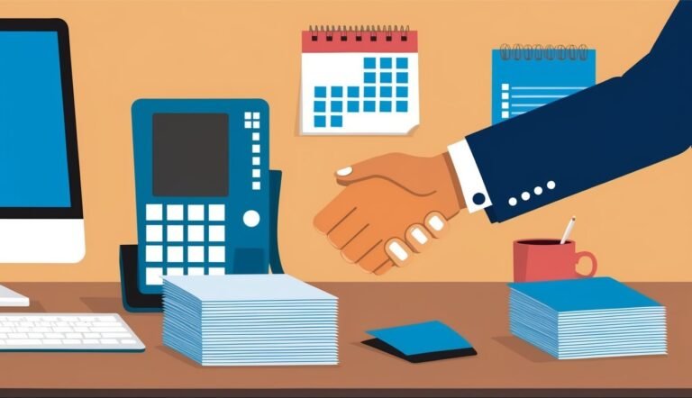 Business handshake over a desk with calendar, computer, and paperwork