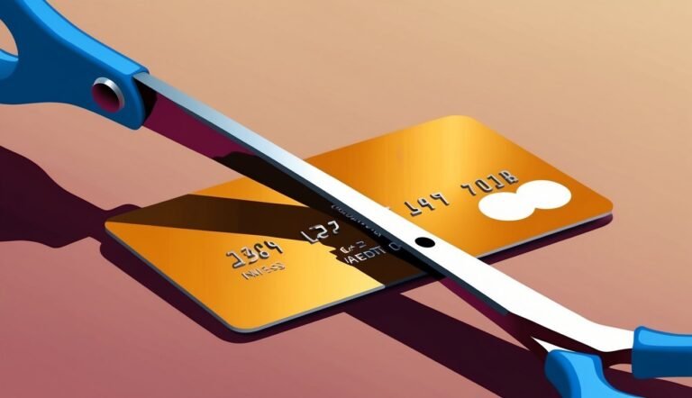 Scissors cutting a gold credit card, symbolizing debt cancellation