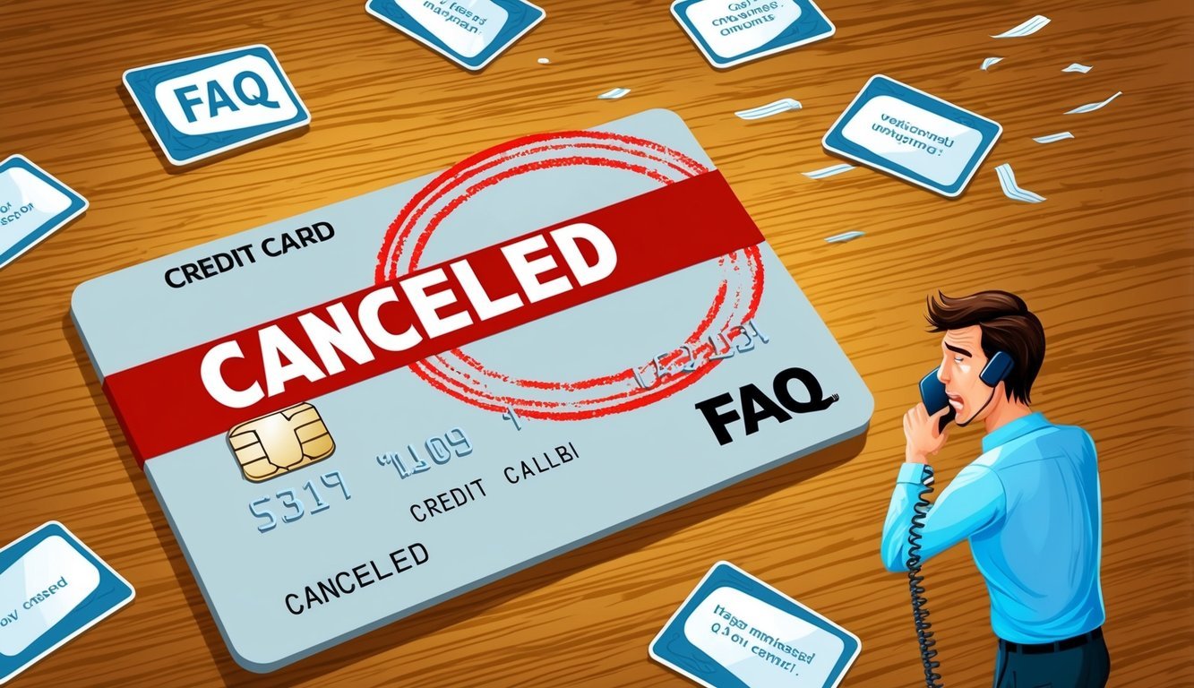 A credit card with a red "Canceled" stamp, surrounded by scattered FAQ cards and a frustrated customer on the phone