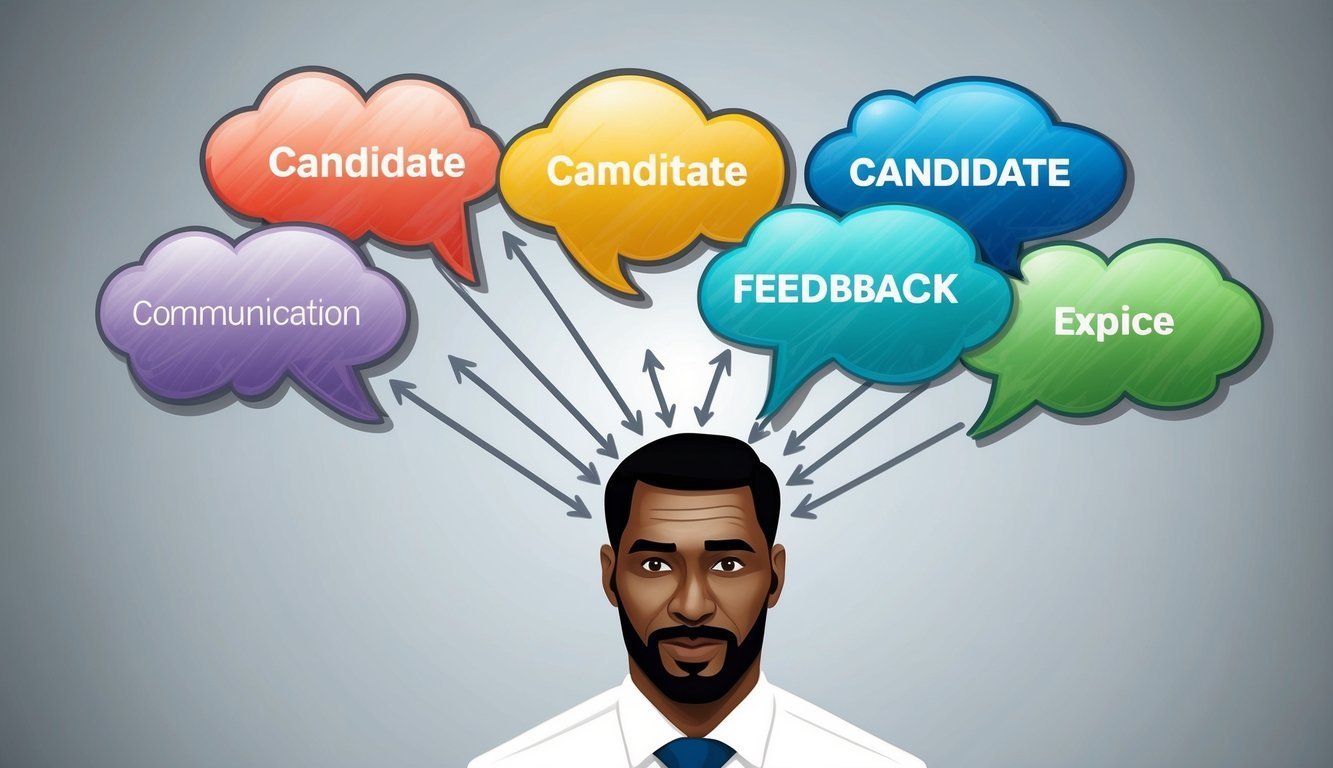 Man with speech bubbles labeled "Candidate," "Feedback," and other concepts