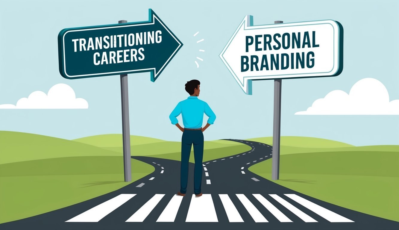Man standing at a crossroads with signs for career transition and personal branding