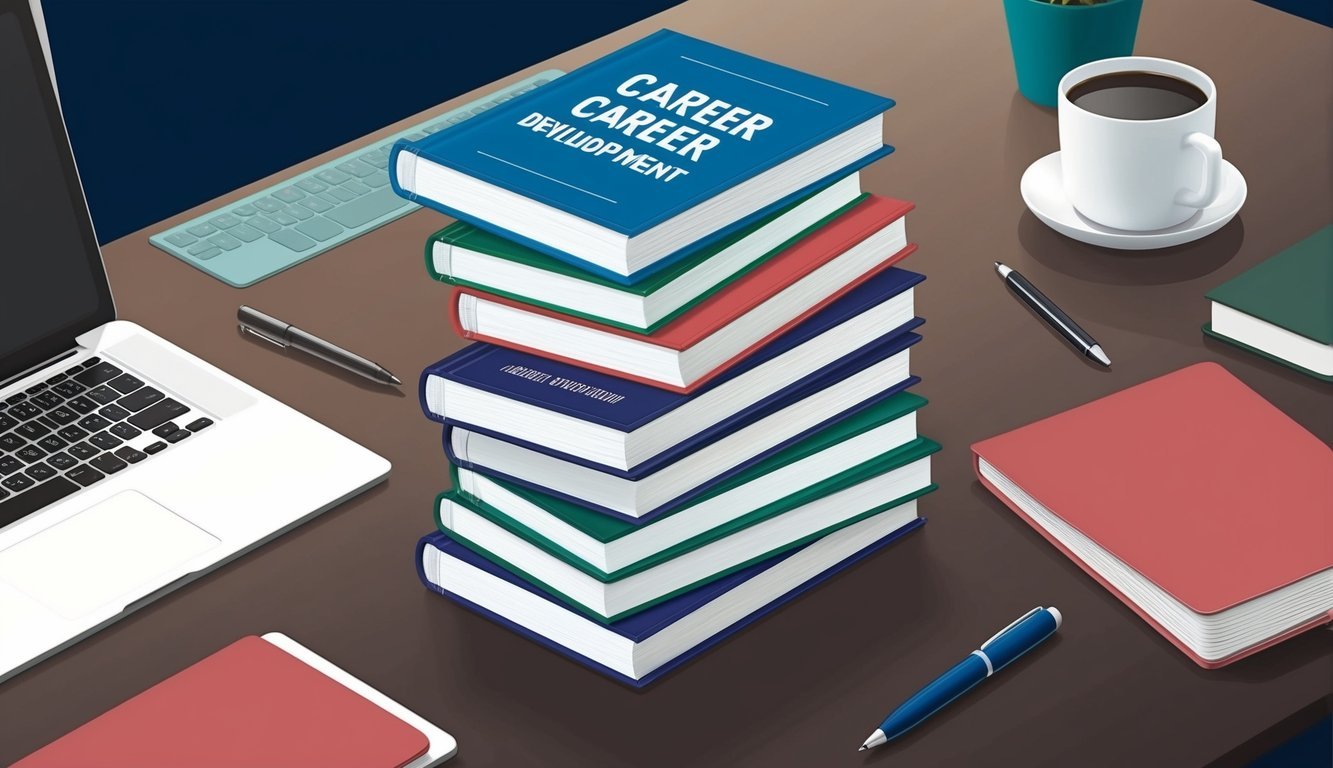 A stack of career development books surrounded by a laptop, notebook, and pen on a desk