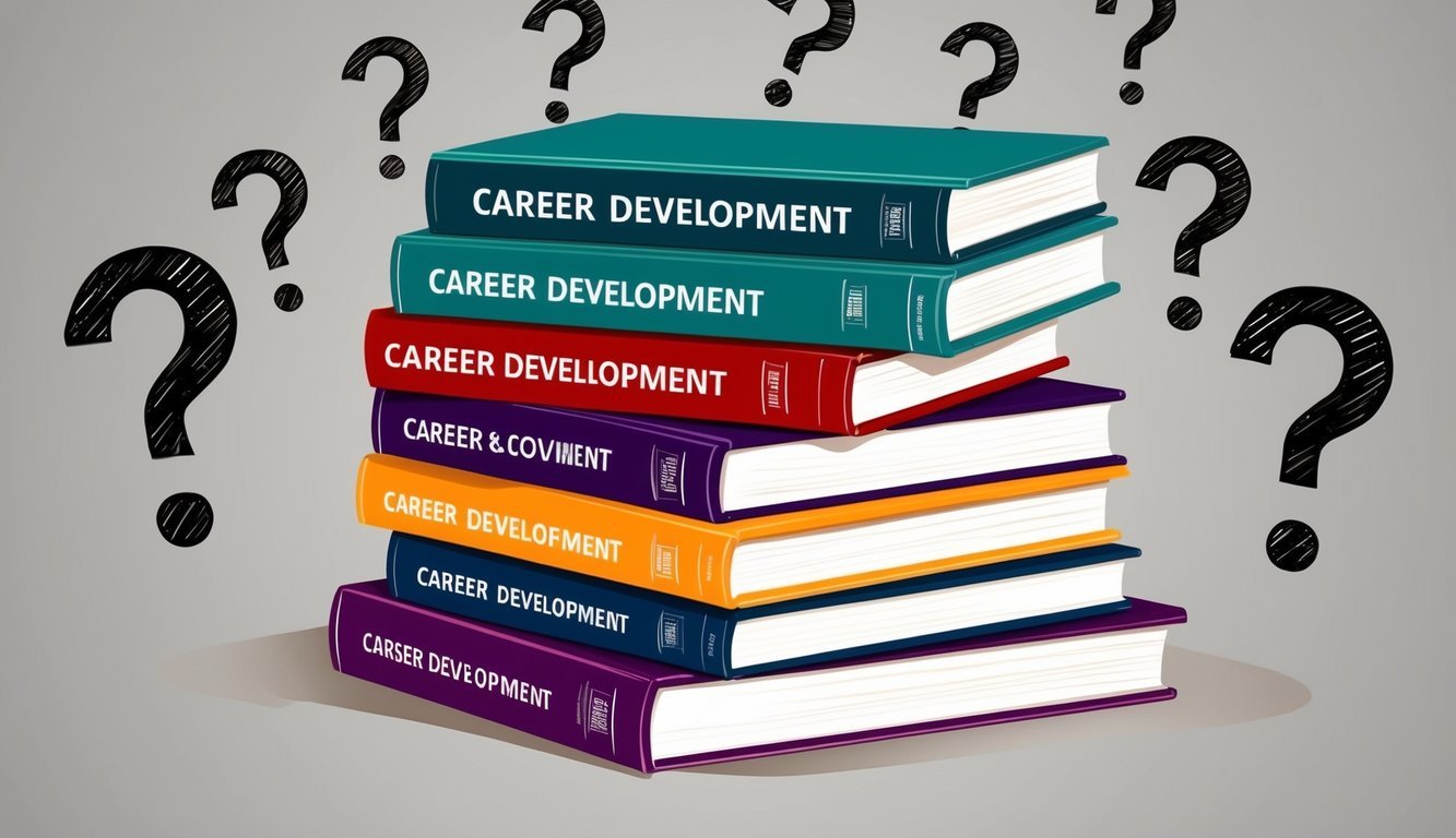 A stack of career development books surrounded by question marks