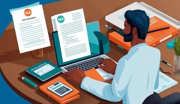 Man working on taxes at a desk with laptop, calculator, and documents