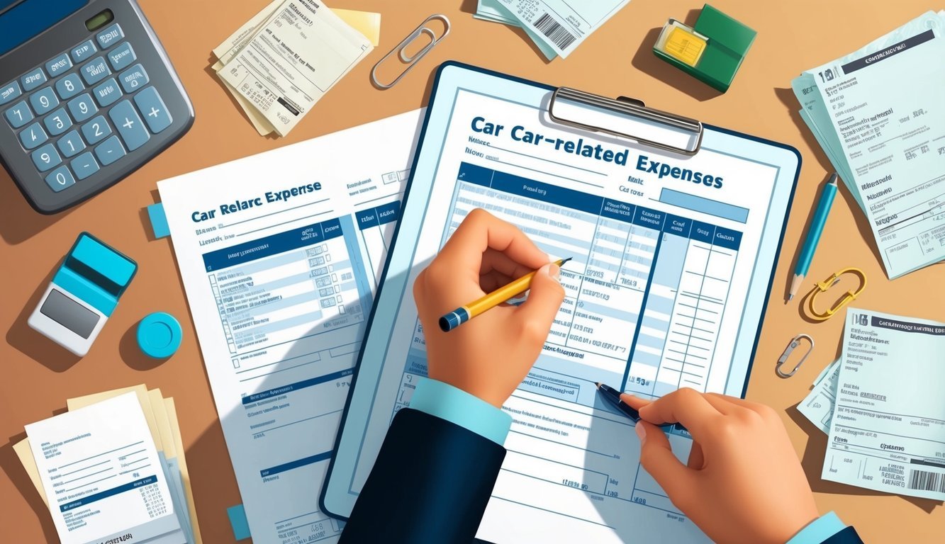 A person filling out a form with car-related expenses, surrounded by receipts and invoices