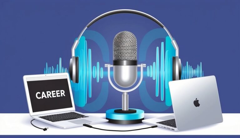Microphone, headphones, and laptops with "CAREER" text on a blue background