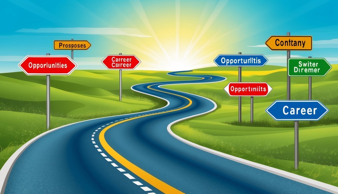 A winding road leading to a bright horizon, with various signposts pointing in different directions, symbolizing different career paths and opportunities