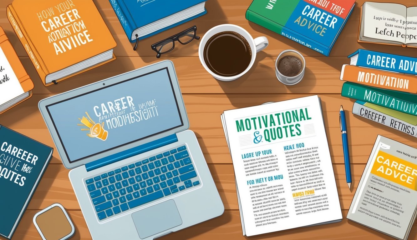 A desk covered in motivational books and quotes, with a laptop open to a page of career advice.</p><p>A cup of coffee sits nearby