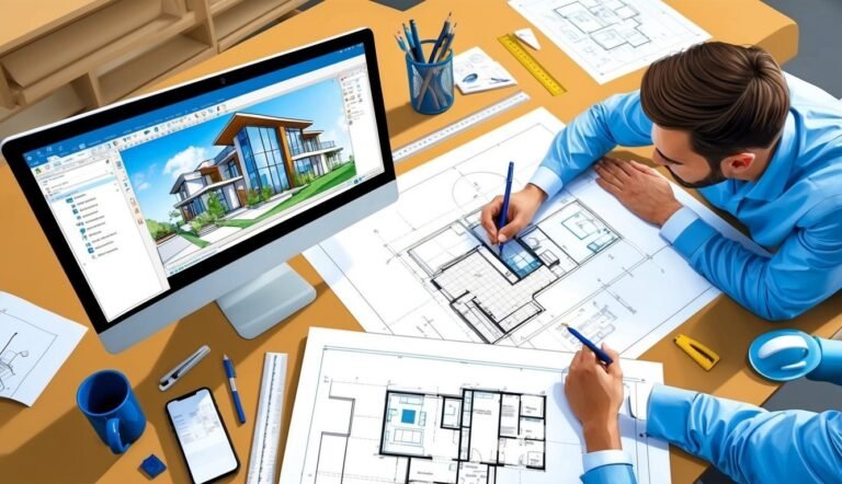 Architects working on house plans, with computer and blueprints on a desk
